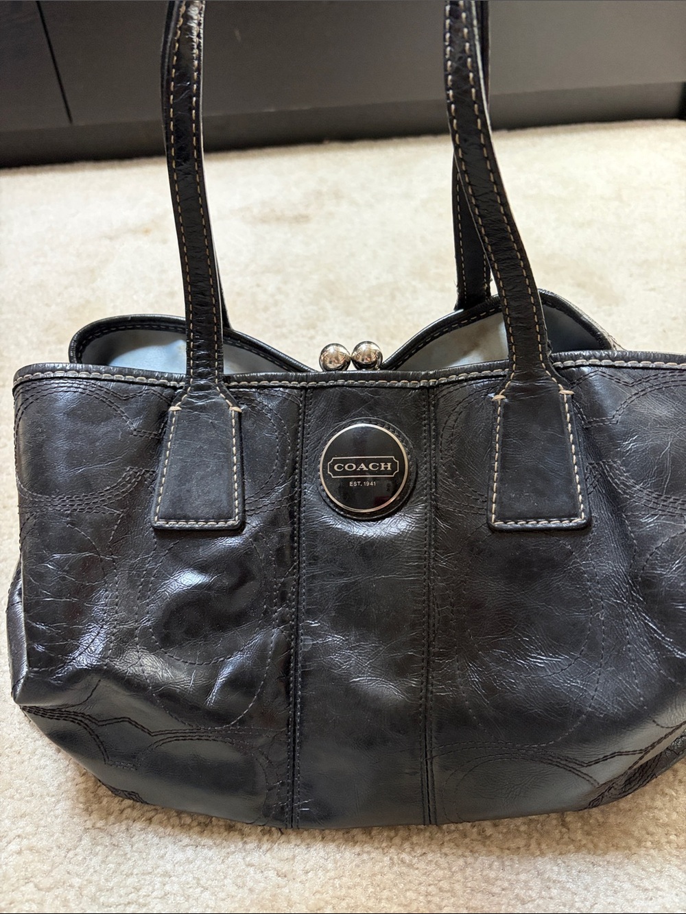 Coach Black Leather Shoulder Bag with Signature Medallion